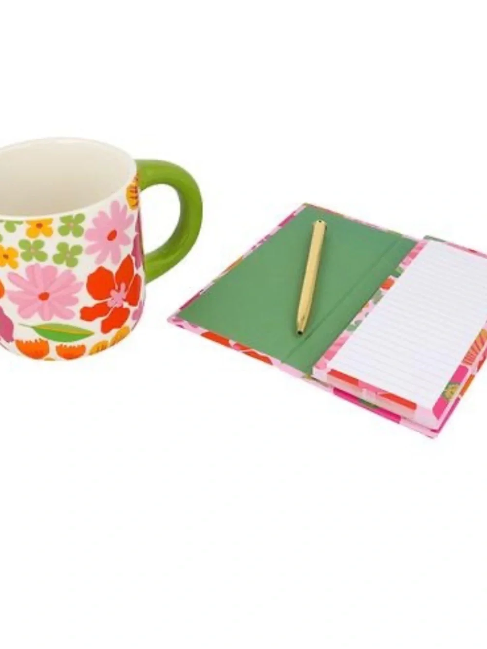 Floral Ceramic Gift Mug with Green Handle - Pink & Orange Design